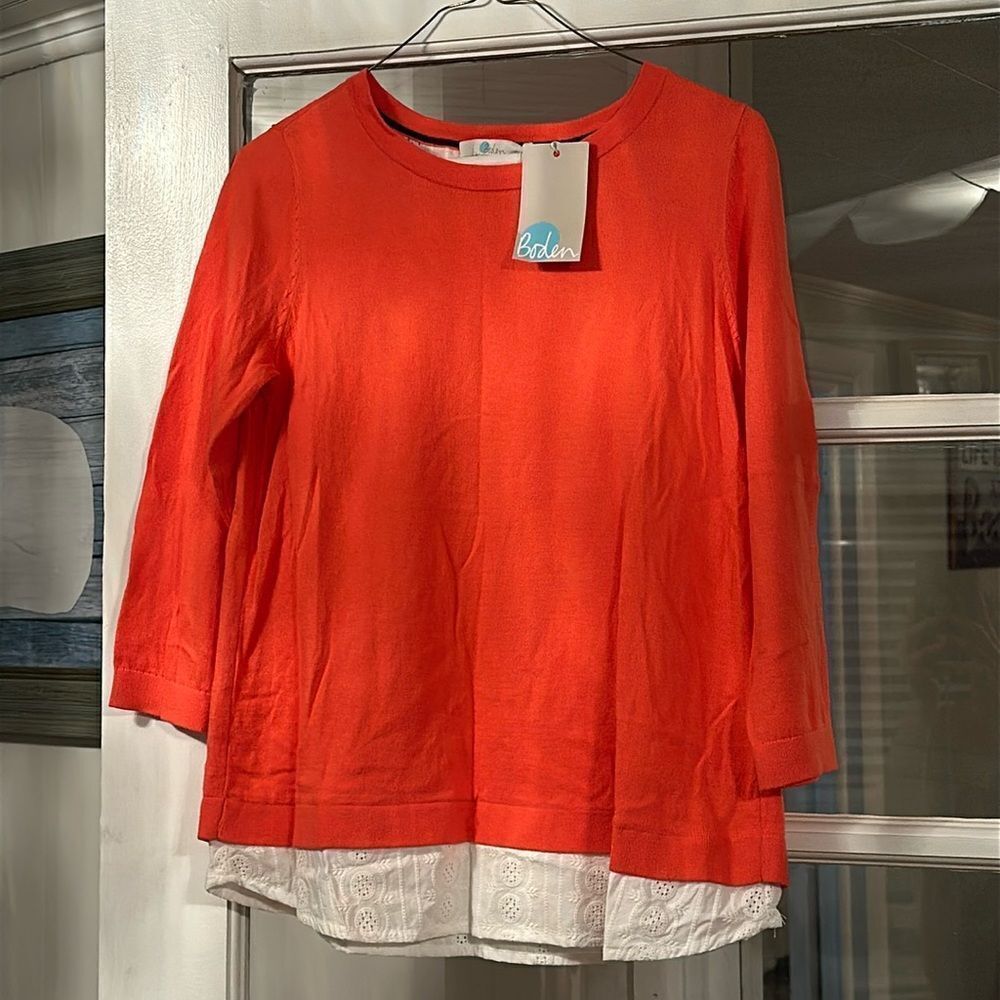 NWT Boden Women’s Mixed Media Crew Neck Sweater with Built in Eyelet Blouse S